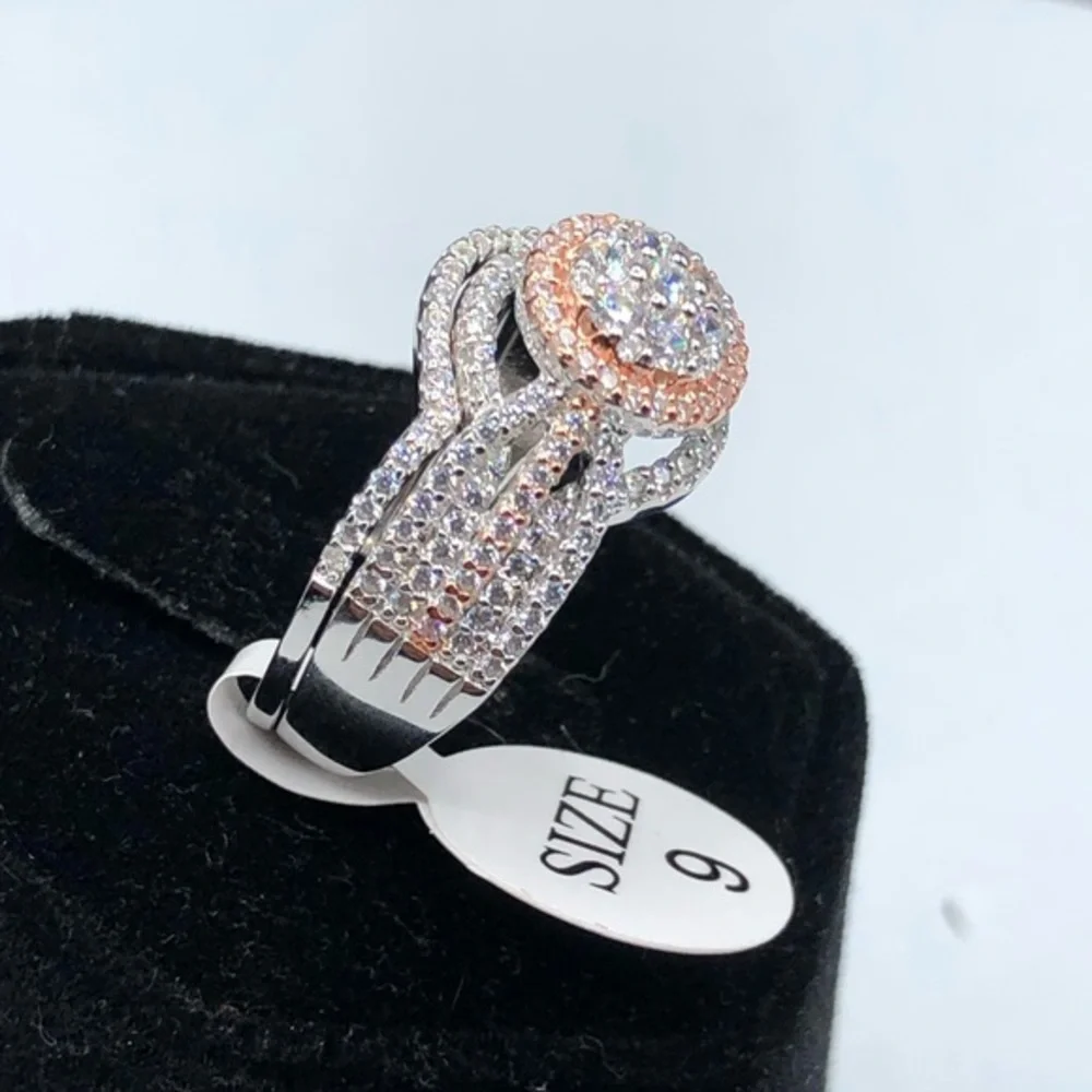 925 Sterling Silver Diamond Wedding Engagement Bridal 2 Band‎ Ring Set Sz 9